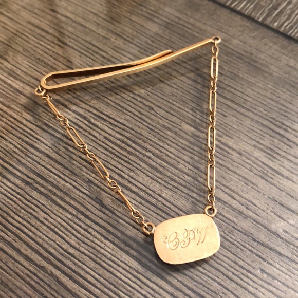 Vintage 14k Gold Tie Clip Chain & Initials “CPW” - Picture 6 of 14